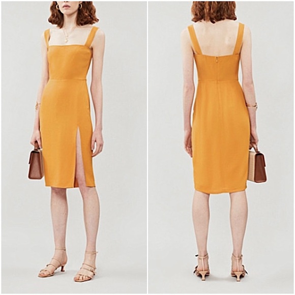 REFORMATION Goldenrod Crepe Square Neck Slim Fit Side Slit Midi Sheath Dress 0 - Picture 3 of 8